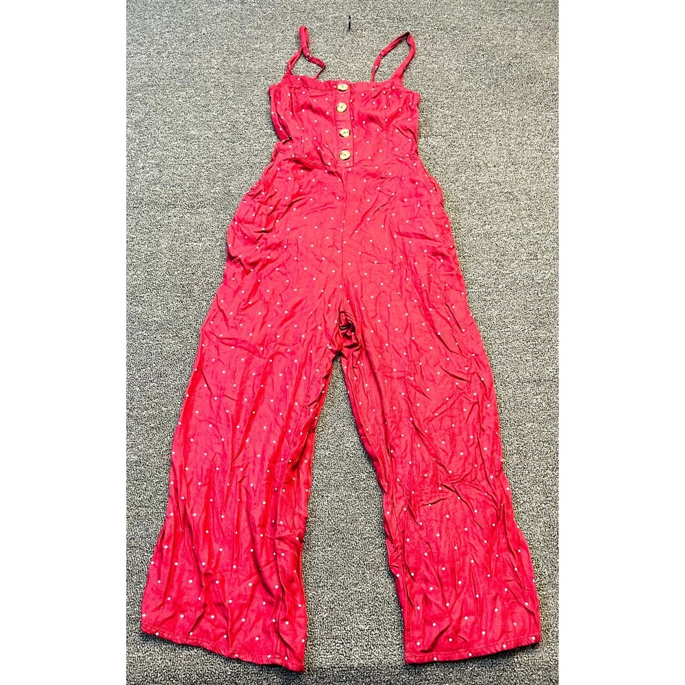 Hollister Jumpsuit Womens Small Red Polka Dot Smocked Sleeveless Button Front